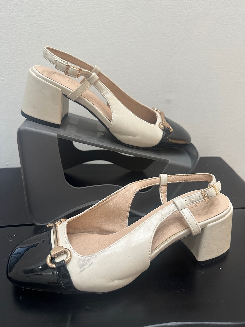 Lauren Blakwell Women's Two-Tone Slingback Block Heel  in Cream and Black 033